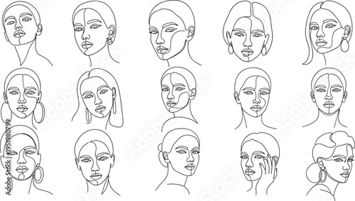 A collection of fourteen different female faces drawn in line art on transparent background