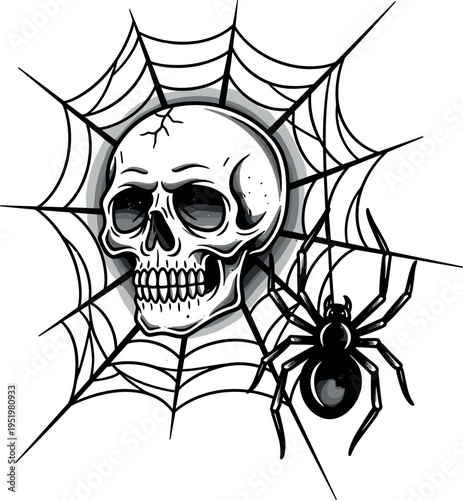 A black and white illustration of a skull and spider on a spiderweb on transparent background