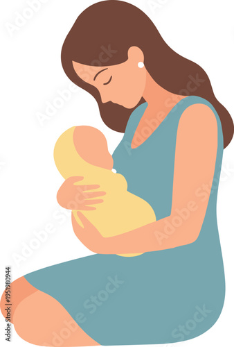 A woman is sitting and breastfeeding her baby on transparent background