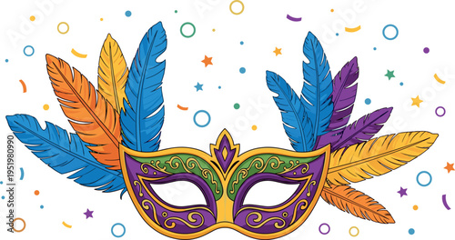 A colorful Mardi Gras mask with feathers on transparent background