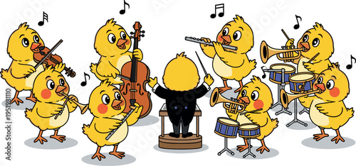 An adorable cartoon illustration of chicks playing musical instruments on transparent background