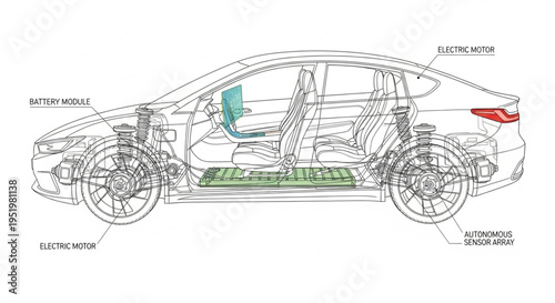 Electric Car Cross Section Diagram Showing Battery and Motor.