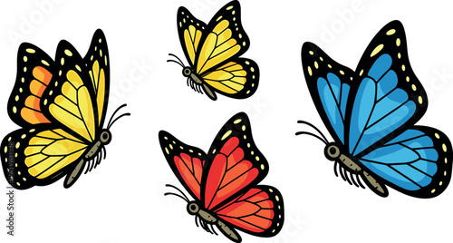 Four colorful butterflies flying on transparent background with vibrant wings