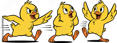 Three cheerful cartoon chicks dancing on transparent background