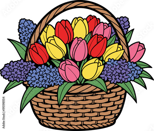 A colorful basket of tulips and flowers on transparent background
