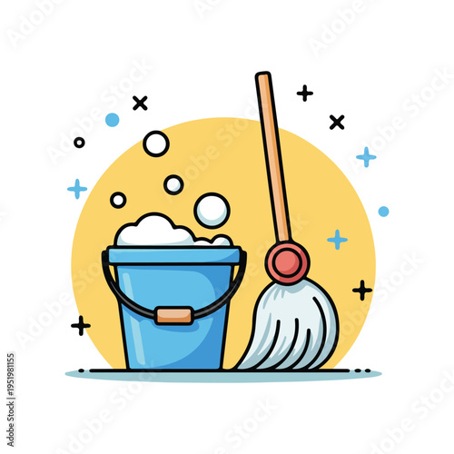 
Cleaning bucket and mop with soap suds illustration