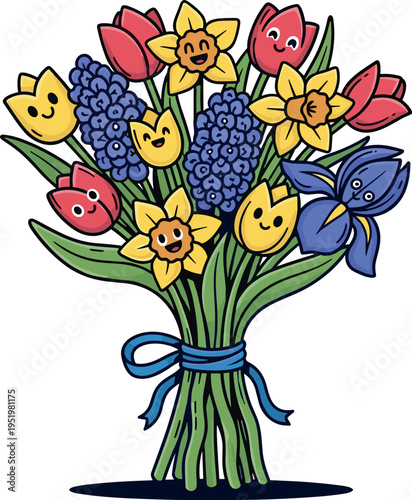 A colorful bouquet of flowers with smiley faces on transparent background