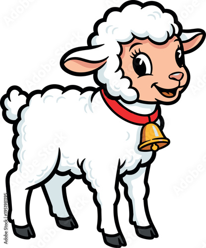 A cartoon sheep wearing a red collar with a bell on transparent background