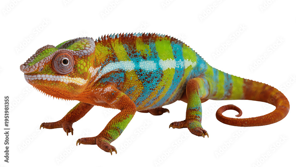 Obraz premium Vibrant Panther Chameleon with striking green, blue, orange, and yellow scales, a colorful reptile isolated on transparent background, exotic pet PNG