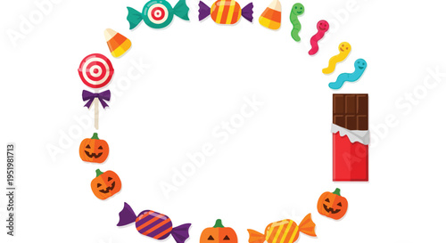 A festive oval frame made of various Halloween treats like candy corn, lollipops, gummy worms, chocolates, and jack-o'-lanterns on a white background.