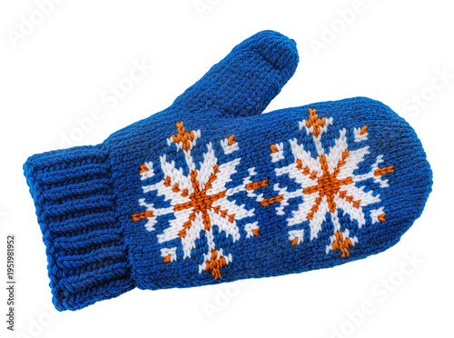 Fotografía Cozy blue knitted winter mitten with intricate white and orange snowflake patter