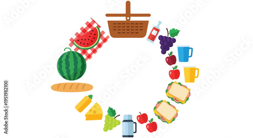 A cheerful flat vector illustration featuring a variety of picnic items like fruits, sandwiches, and drinks, arranged in a vibrant circular design.