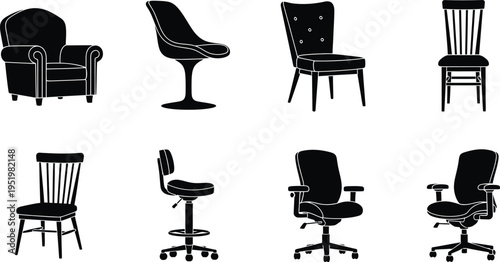 Collection of various office and home chair furniture silhouettes