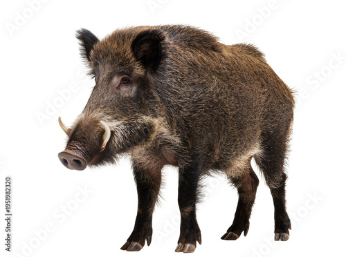 Bild auf Leinwand Detailed studio portrait of a powerful adult male wild boar, Sus scrofa, with im
