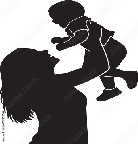 Silhouette of a joyful mother lifting her happy baby into the air.