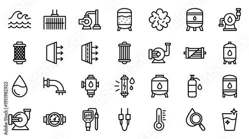 Water Treatment and Purification Process Line Icon Set