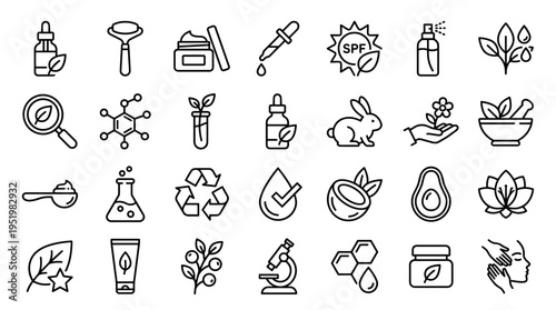 Natural Organic Cosmetic and Skincare Product Line Icons Set