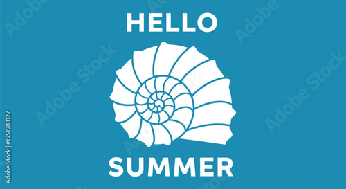 Hello Summer typographic illustration with nautilus shell