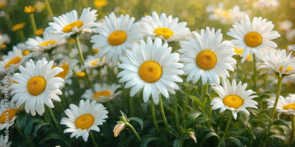Obraz premium Daisy field blooms beautifully. White petals surround vibrant yellow centers. Soft light creates peaceful scene.