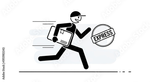 Express Delivery Person Running Fast with Package and Stamp.
