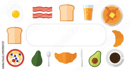 A colorful flat-design vector illustration displays various popular breakfast items like eggs, bacon, pancakes, toast, and coffee.