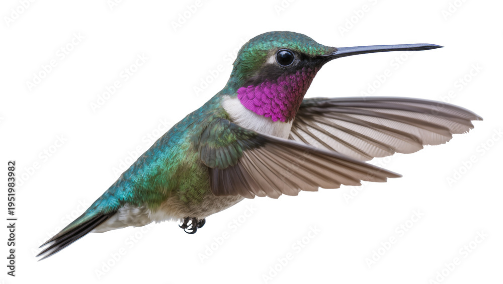 Fototapeta premium Vibrant Calliope hummingbird in mid-flight, wings elegantly spread, showcasing iridescent green and magenta plumage, isolated PNG on transparent background