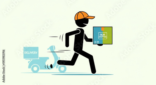 Fast delivery person running with package and scooter.