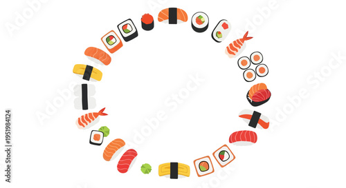 A vibrant vector illustration showcases a delicious assortment of sushi and maki rolls, including nigiri, forming a circular border on a white background.