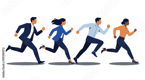 Business team in suits and casual attire running forward with determination on a white background in a flat design style