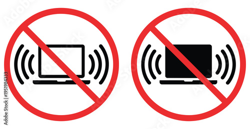 No laptop computer connection icon, symbolizing prohibited device access, restricted network, or disconnected system, and IT security warning concept vector