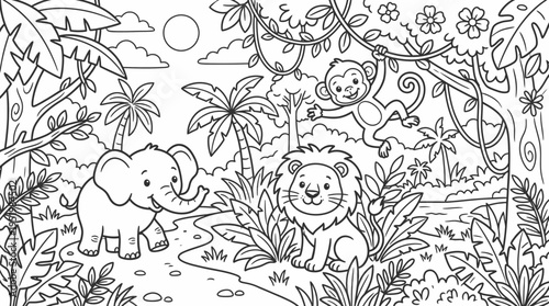 Charming jungle scene outline for coloring with an elephant, lion, and monkey in a lush tropical forest