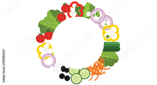 A vibrant circle of fresh salad ingredients like tomatoes, peppers, onions, cucumber, olives, carrots, and lettuce, forming a healthy frame.