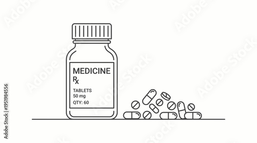 Prescription medication bottle with scattered pills and capsules illustration