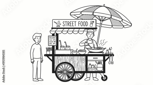 Street food cart selling delicious meals to customers on the street