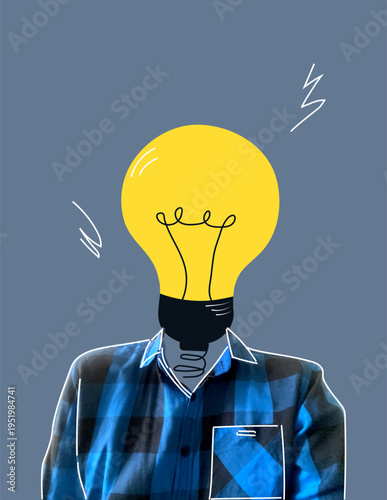 Plaid shirt. Light bulb for a head. Gray background.
