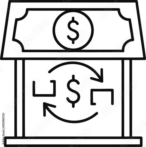 Currency exchange service icon with bank building