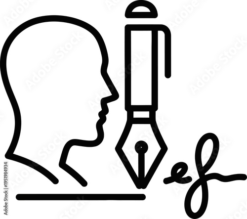 Human head profile with fountain pen and signature