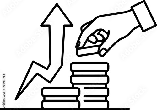 Hand stacking coins near a rising arrow