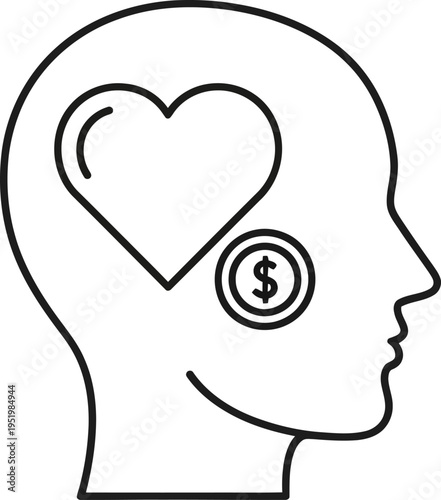 Human head silhouette containing heart and coin symbols