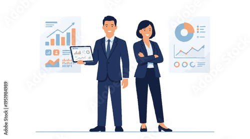 Professional businessman and businesswoman in formal attire analyzing data with charts and laptop in a modern office setting