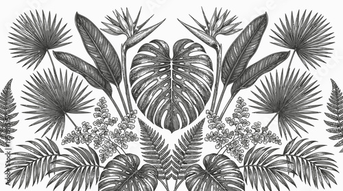 Tropical leafy plants and foliage illustration.