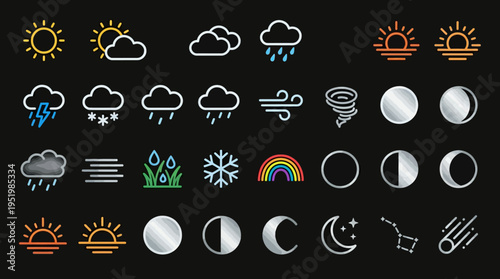 Weather icons for various conditions and times.