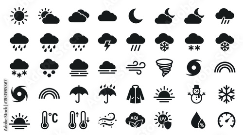Weather forecast icons set in black.