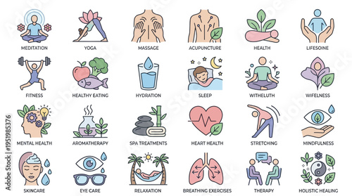 A collection of colorful wellness and health icons.