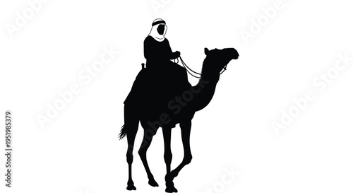 A traditional arab rider on a camel against a white background silhouette