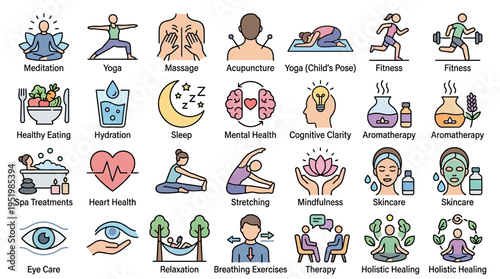 Collection of icons representing various wellness and self-care concepts.