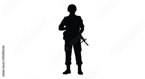 Standing soldier in uniform with weapon a dramatic silhouette