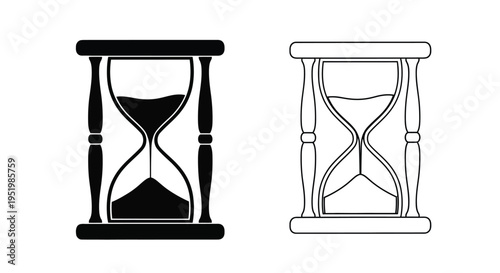 Two hourglasses one filled and one empty in a stark black silhouette