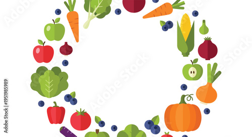 Colorful flat vector illustration of various fruits and vegetables like apples, carrots, and corn, forming an elliptical frame on a plain white background.