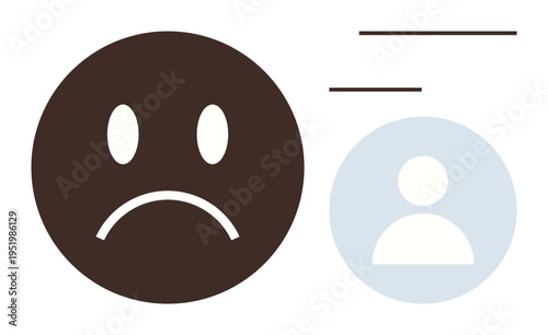 Negative feedback, user experience, emotion, social media, customer satisfaction, communication. A sad face next to a user profile symbol. Negative feedback and user experience concept